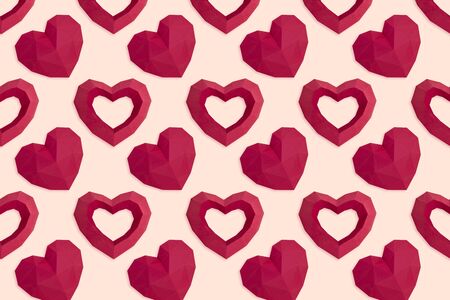 Beautiful holiday background with paper polygonal hearts. Colorful background for Valentine's day. Paper art and craft in holiday design. Volumetric handmade paper objectsの写真素材