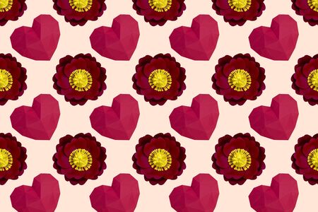 Beautiful holiday background with paper polygonal hearts and flowers. Colorful background for Valentine's day. Paper art and craft in holiday design. Volumetric handmade paper objectsの写真素材