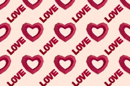 Beautiful holiday background with paper hearts and word love made of paper. Colorful background for Valentine's day. Paper art and craft. Volumetric handmade paper objectsの写真素材