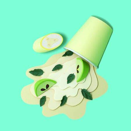 Paper cup with spilled apple and banana drink. Bursts of juice spread in layers with apple and banana slices. Paper craft and paper art. Real volumetric handmade paper object. Minimal art food conceptの写真素材