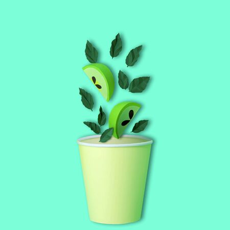 Paper sliced apples and mint leaves fall in paper cup. Preparation of summer drinks. Paper craft and paper art. Real volumetric handmade paper objects. Minimal art food conceptの写真素材