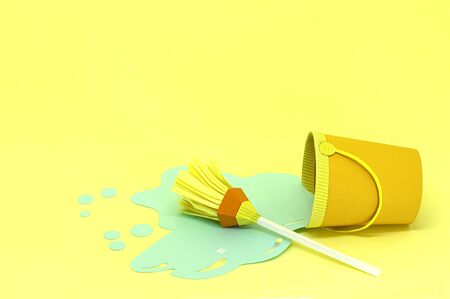 Paper bucket with spilled water and mop. Room cleaning. Paper craft and art. Real volumetric handmade paper objects. Minimal art cleaning service concept. Copy spaceの写真素材