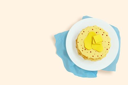 Moroccan pancakes baghrir or crepes with 1000 holes made of paper. Served with butter. Real volumetric handmade paper objects. Paper craft and art. Minimal art food concept. Copy spaceの写真素材
