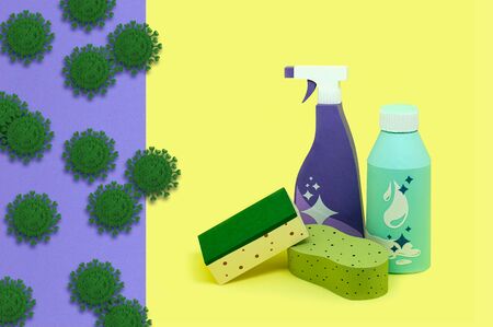 Hygiene during covid-19 pandemic. Antiseptic and detergents. Coronavirus model. Real handmade paper objects. Creative art concept of prevention during epidemicの写真素材