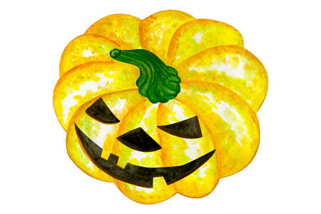 Hand painted watercolor pumpkin Halloween. Watercolor autumn illustration isolated on white background. Jack o lantern pumpkin. Halloween characterの写真素材
