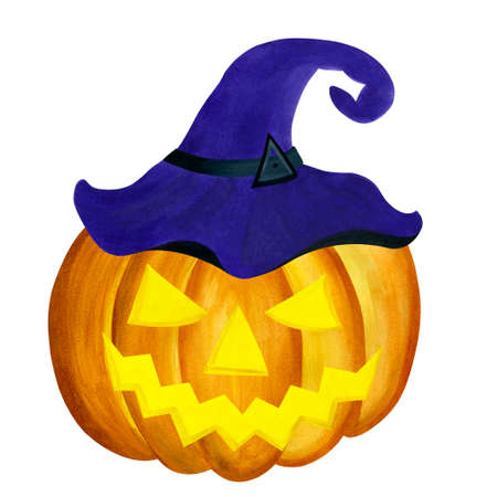 Watercolor pumpkin in blue witch hat. Watercolor autumn hand painted illustration isolated on white background. Jack o lantern pumpkin. Halloween characterの写真素材