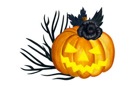 Watercolor pumpkin with black rose and branches. Watercolor autumn hand painted illustration isolated on white background. Halloween compositionの写真素材