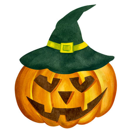 Watercolor pumpkin in green witch hat. Watercolor autumn hand painted illustration isolated on white background. Jack o lantern pumpkin. Halloween characterの写真素材