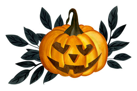 Watercolor pumpkin with branches and black leaves. Watercolor autumn hand painted illustration isolated on white background. Halloween compositionの写真素材