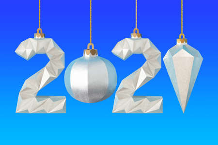 Silvery paper numbers and Christmas tree toys form number 2021 on blue gradient background. Paper art and craft. Handmade real paper objects. New Year celebration. Happy new year 2021 conceptの写真素材