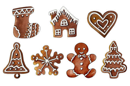 Set of watercolor Christmas gingerbread isolated on white background. Traditional Christmas pastries. Holiday decorations and sweets. Hand drawn watercolor illustrationの写真素材