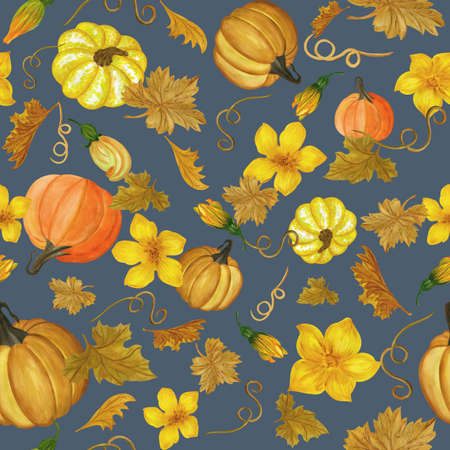 Watercolor seamless pattern of pumpkins, flowers and leaves on gray-blue background. Drawn by hand. Traditional autumn vegetables. Rustic ornamentの写真素材