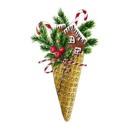 Watercolor Christmas bouquet in waffle cone. Spruce branches, gingerbread house, candy cane and berries. Hand drawn watercolor illustration for Christmas and New Year isolated on white backgroundの写真素材