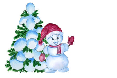 Watercolor Christmas tree in snow and snowman. Snowman waves his hand in greeting. Traditional winter symbol. Hand drawn watercolor illustration for Christmas and New Year isolated on white backgroundの写真素材