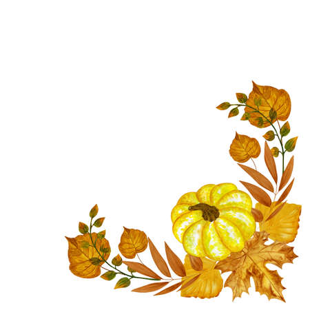 Watercolor vignette with pumpkin and autumn leaves. Hand drawn watercolor illustration isolated on white background. Pumpkin harvest season. Autumn holidays Thanksgiving and Halloweenの写真素材