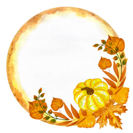 Watercolor composition with pumpkin and autumn leaves on circle with space for text. Hand drawn watercolor illustration isolated on white background. Pumpkin harvest season. Autumn holidays Thanksgiving and Halloweenの写真素材
