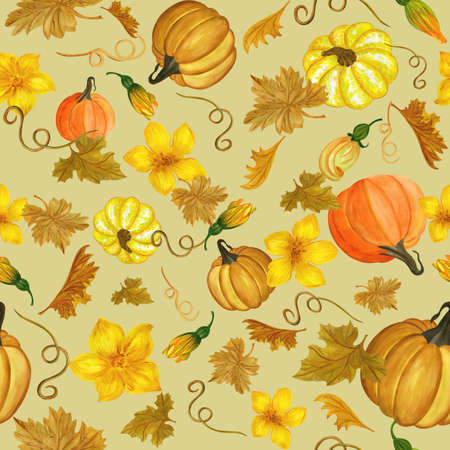 Watercolor seamless pattern of pumpkins, flowers and leaves on yellow background. Drawn by hand. Traditional autumn vegetables. Rustic ornamentの写真素材