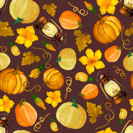Watercolor seamless pattern of pumpkins, lanterns, flowers and leaves. Pumpkin harvest season. Autumn holidays in traditional designの写真素材