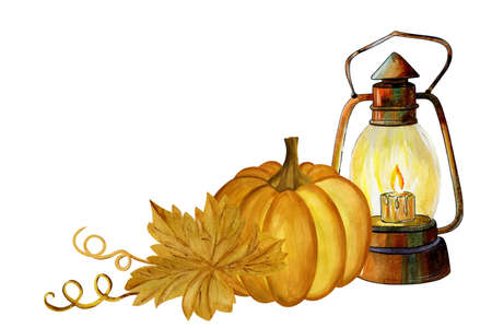Watercolor composition with pumpkin, lighted lantern and leaves. Hand drawn watercolor illustration isolated on white background. Pumpkin harvest season. Autumn holidays Thanksgiving and Halloweenの写真素材