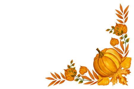 Watercolor vignette with pumpkin and autumn leaves. Hand drawn watercolor illustration isolated on white background. Pumpkin harvest season. Autumn holidays Thanksgiving and Halloweenの写真素材