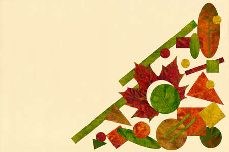 Abstract pattern of autumn maple leaves in Suprematism style. Seasonal changes in leaf color. Vivid natural colors and texture. Original pattern of geometric shapes cut from leaves. Copy spaceの写真素材