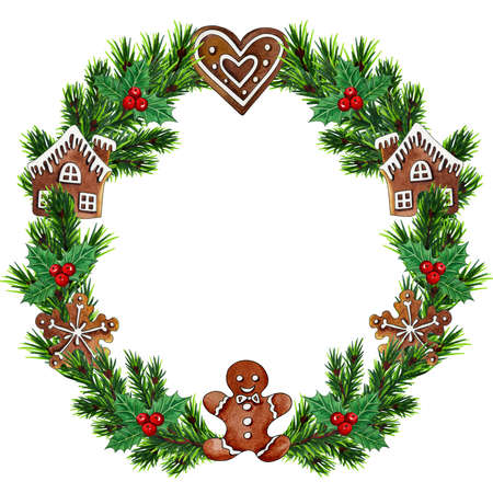 Watercolor wreath with spruce branches and gingerbread. Traditional Christmas pastries. Holiday decorations and sweets. Hand drawn watercolor illustration isolated on white backgroundの写真素材