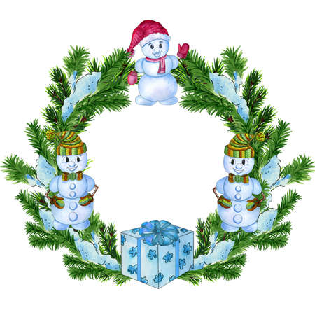 Watercolor wreath with snow-covered spruce branches, gift box and snowmen. Hand drawn watercolor illustration for Christmas and New Year isolated on white backgroundの写真素材