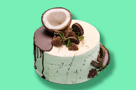 Coconut cake with chocolate. Making and decorating handmade holiday cakes. Confectionery craftの写真素材
