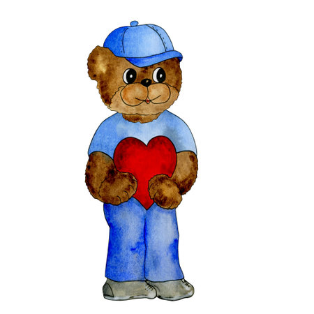Cute watercolor bear with heart in cartoon style. Hand drawn watercolor illustration for Valentine's Day, Mother's Day, Birthday, isolated on white backgroundの写真素材