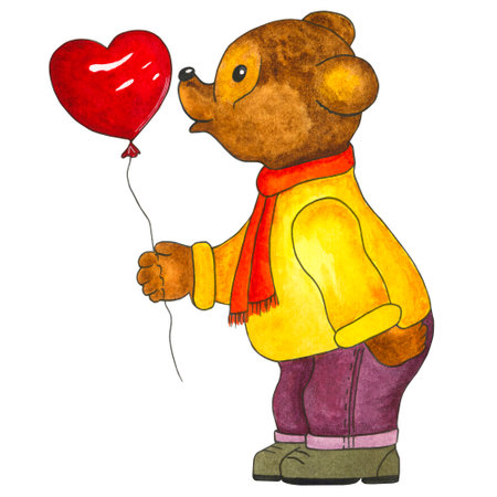 Cute watercolor bear with heart in cartoon style. Hand drawn watercolor illustration for Valentine's Day, Mother's Day, Birthday, isolated on white backgroundの写真素材