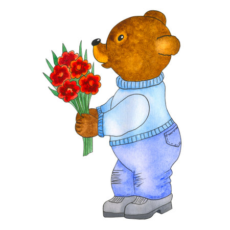 Cute watercolor bear with flowers in cartoon style. Hand drawn watercolor illustration for Valentine's Day, Mother's Day, Birthday, isolated on white backgroundの写真素材