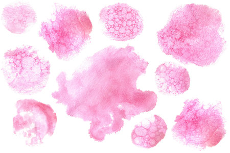 Set of pink watercolor stains isolated on white background. Hand drawing. Texture with bubble effect made with soap foam. Watercolor elements for cards, prints, backgrounds, wallpaper and packagingの写真素材