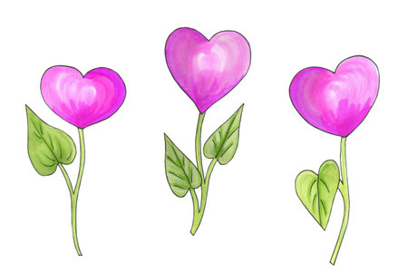 Set of heart shaped flowers for Valentine's Day. Hand drawn watercolor illustration for Valentine's Day, Mother's Day, Birthday, isolated on white backgroundの写真素材