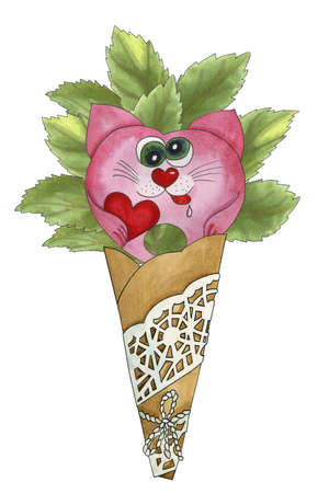 Watercolor bouquet with heart cat in craft paper cone. Hand drawn watercolor illustration for Valentine's Day, Mother's Day, Birthday, isolated on white backgroundの写真素材