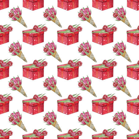 Seamless pattern with gifts and bouquets of tulips based on hand drawn watercolor illustration. For backgrounds, wrapping paper, packaging, prints, covers, fabric, textiles, birthday, Valentine's Dayの写真素材