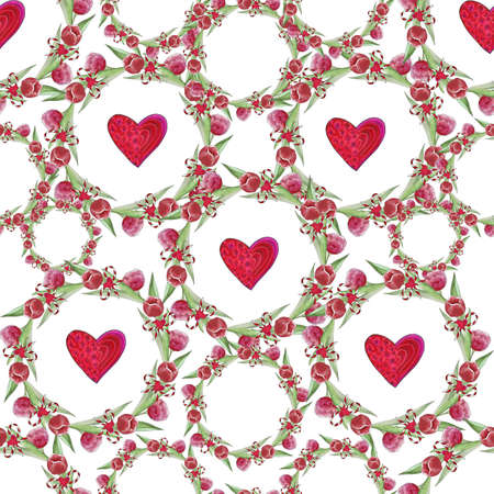 Seamless pattern with tulip wreaths and hearts based on hand drawn watercolor illustration. For backgrounds, wrapping paper, packaging, prints, covers, fabric, textiles, birthday, Valentine's Dayの写真素材