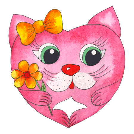 Love cat in shape of heart for Valentine's Day. Hand-drawn watercolor illustration isolated on white backgroundの写真素材