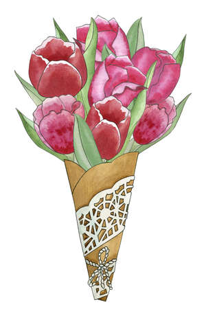 Watercolor tulip bouquet in craft paper cone. Hand drawn watercolor illustration for Valentine's Day, Mother's Day, Birthday, isolated on white backgroundの写真素材