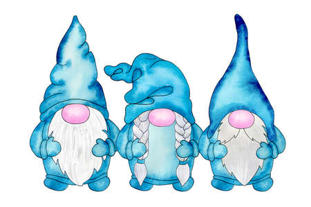 Three cute nordic gnomes. Blue nordic fairy gnomes. Hand drawn watercolor illustration, clipart isolated on white background. Design for greeting cards, invitations, sublimation printingの写真素材