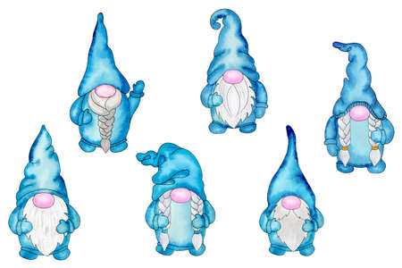 Collection of blue nordic gnomes. Cute Scandinavian gnomes, fairy characters. Hand drawn watercolor illustration isolated on white background. Design for greeting cards, invitations, sublimation printの写真素材