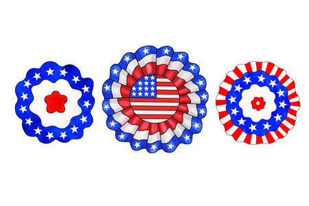 Set of ribbon rosettes in colors of American flag. Traditional design for 4th of July, Independence Day, USA national holiday. Hand drawn watercolor illustration isolated on white backgroundの写真素材