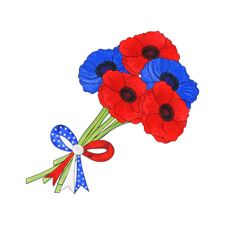 Watercolor clipart for 4th of July made of flowers with bow. Traditional colors of 4th July, Independence Day, USA national holiday. Hand drawn watercolor illustration isolated on white backgroundの写真素材