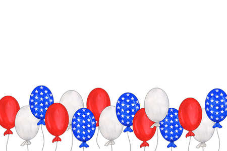 Watercolor balloon border for 4th of July. Traditional colors of 4th of July, Independence Day, USA national holiday. Hand drawn watercolor illustration isolated on white backgroundの写真素材
