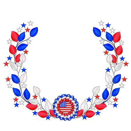 Watercolor wreath with blue, red, white leaves, stars and ribbon rosette. Traditional colors of 4th July, Independence Day USA. Hand drawn watercolor illustration isolated on white backgroundの写真素材