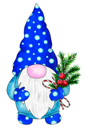Christmas gnome with spruce branch and berries. Cute gnome for the celebration of Christmas. Hand drawn watercolor illustration isolated on white background. Design for cards, invitations and moreの写真素材