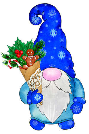 Christmas gnome with gift bouquet. Cute gnome for the celebration of Christmas. Hand drawn watercolor illustration isolated on white background. Design for cards, invitations and moreの写真素材