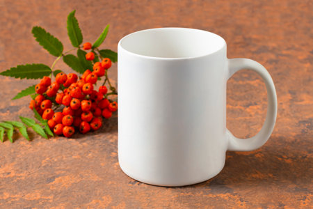 White mug mockup with rowan branch on red-brown background. Mockup for autumn designの写真素材