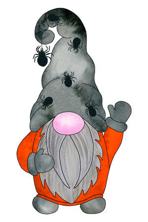 Halloween gnome with pattern of spiders on cap. Hand drawn watercolor illustration, clipart isolated on white background. Design for greeting cards, invitations, sublimation printingの写真素材