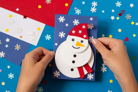 Making Christmas card with voluminous snowman. Original project for children. DIY concept....