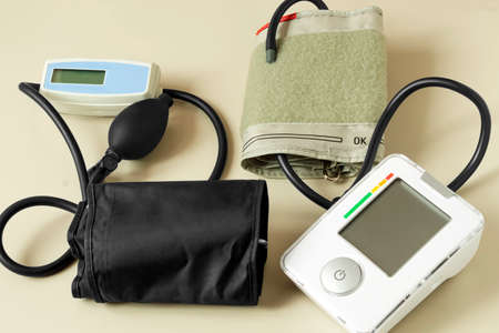 Semi-automatic and automatic tonometers for measuring blood pressure at home. Tonometer is necessary for self-monitoring of blood pressureの写真素材